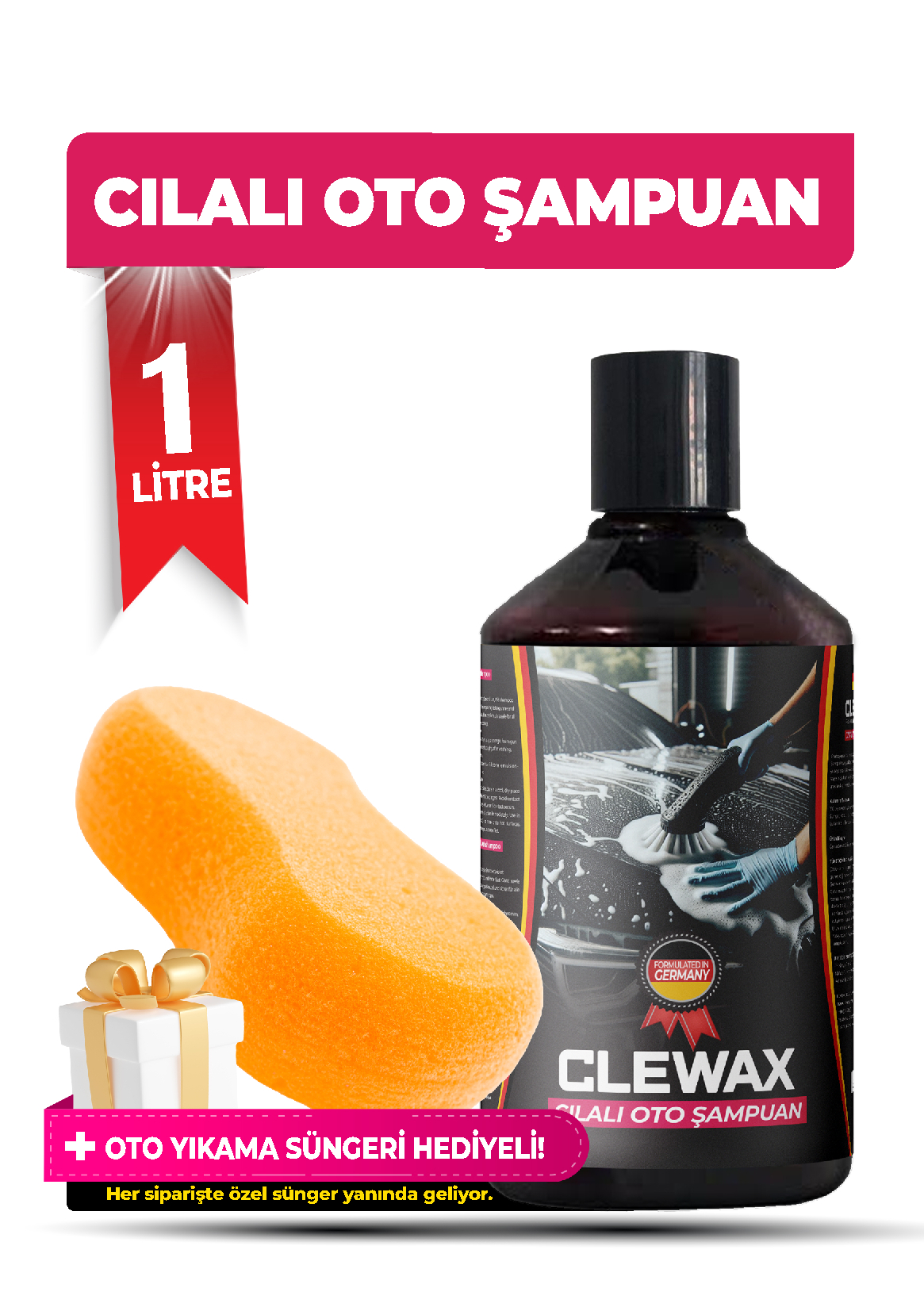 CLEWAX Cilalı Oto Şampuan 1L (Özel Sünger Hediyeli)